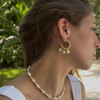 Gold Triple-Pearl Hoop Earrings