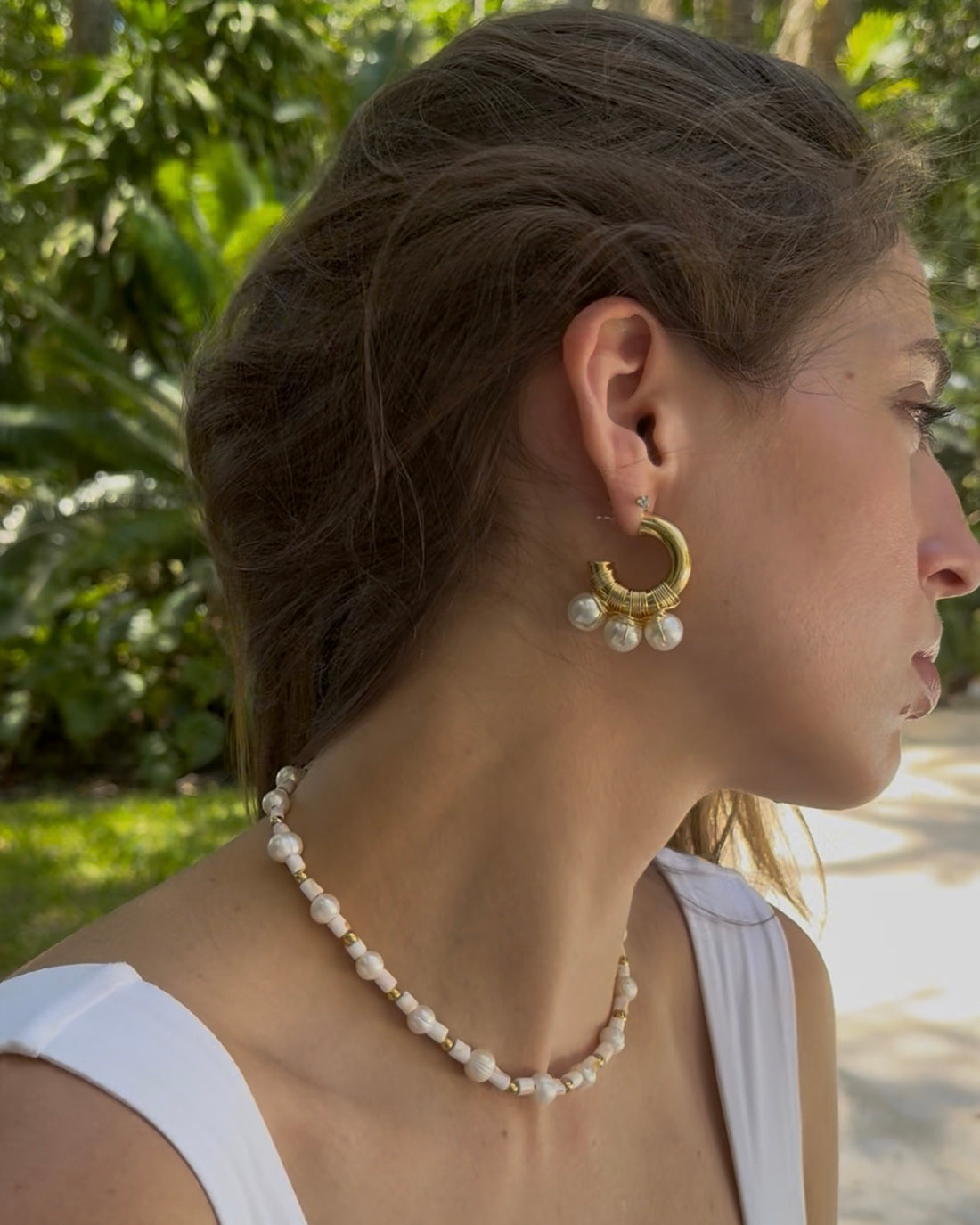 Gold Triple-Pearl Hoop Earrings