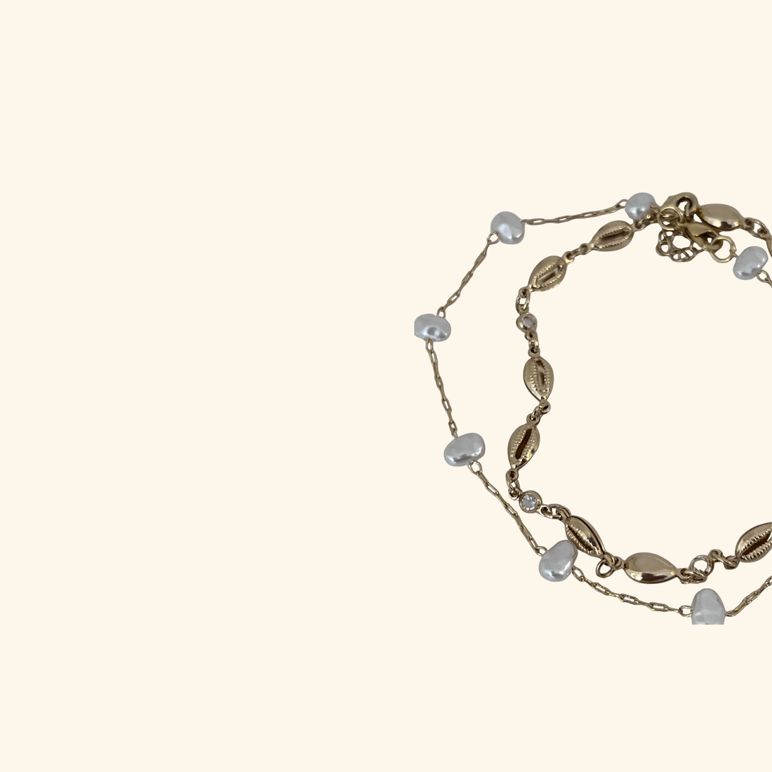 Pearl and Gold Puka Anklet Duo