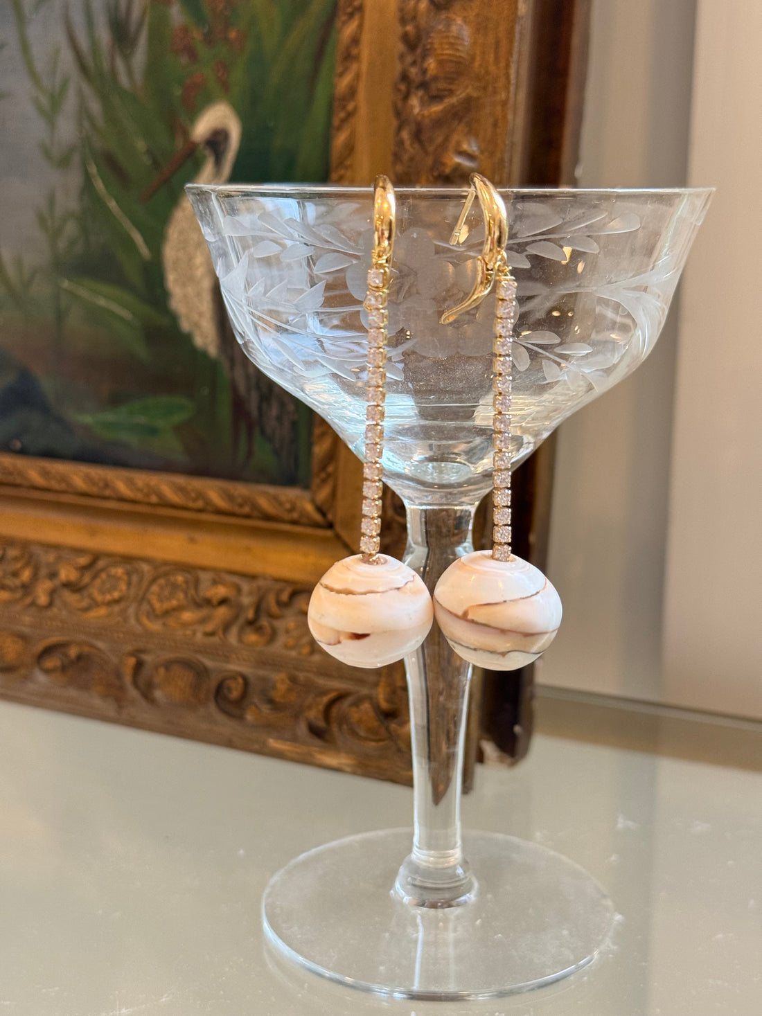 Ying Yang Conch Bead Diamond Drop Earrings
