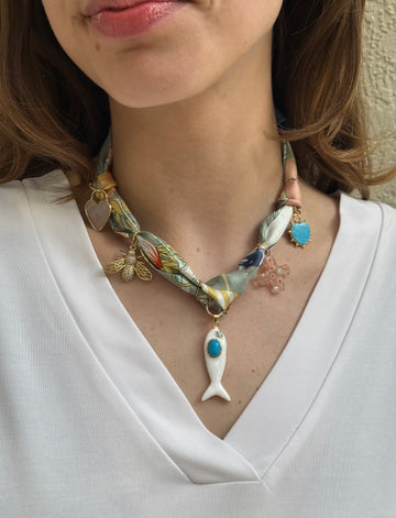 Stone Fish & Azure Scarf Necklace