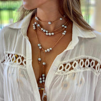 Knotted Leather Lariat With Grey Pearls And Tassels