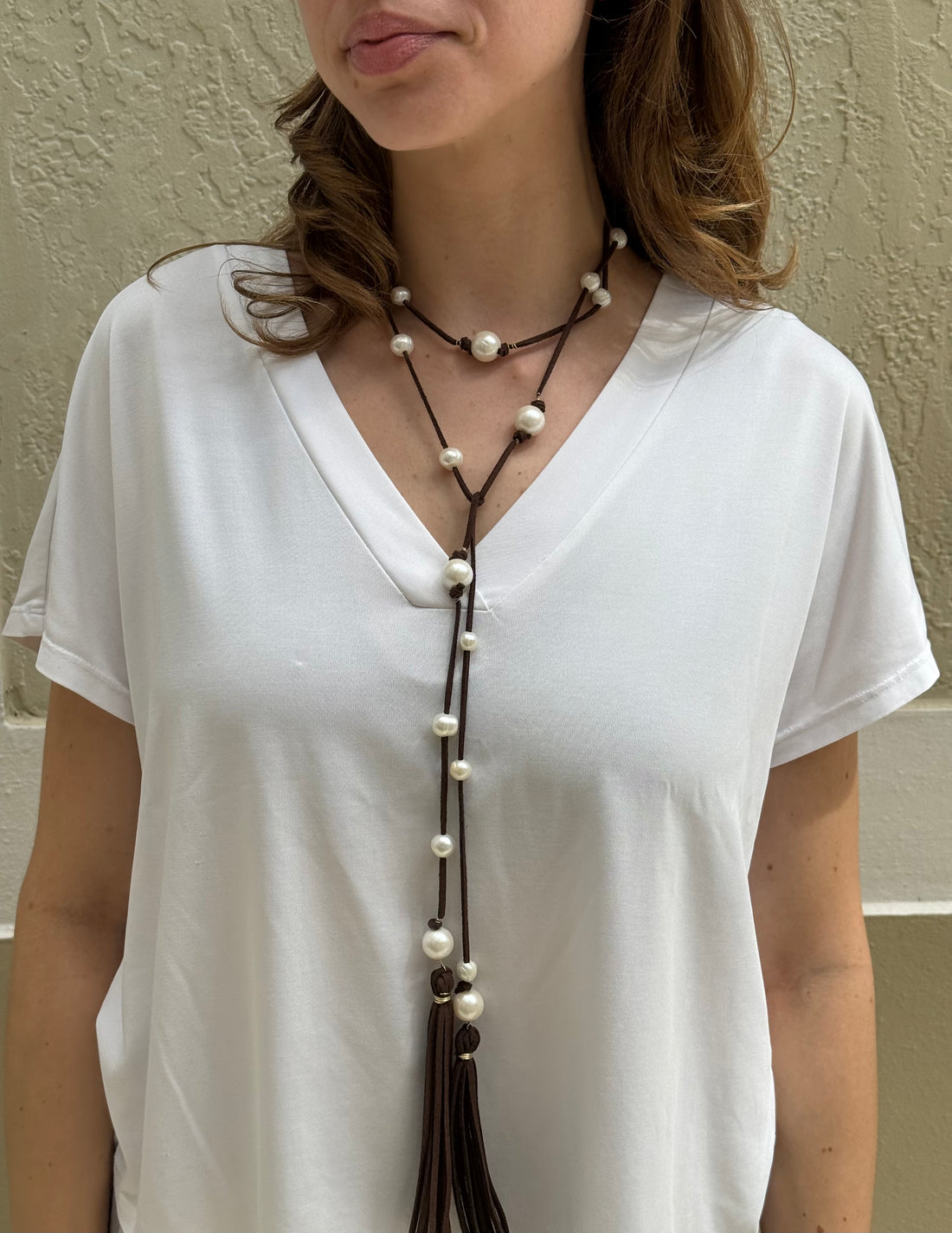 Leather Pearl Tie Necklace