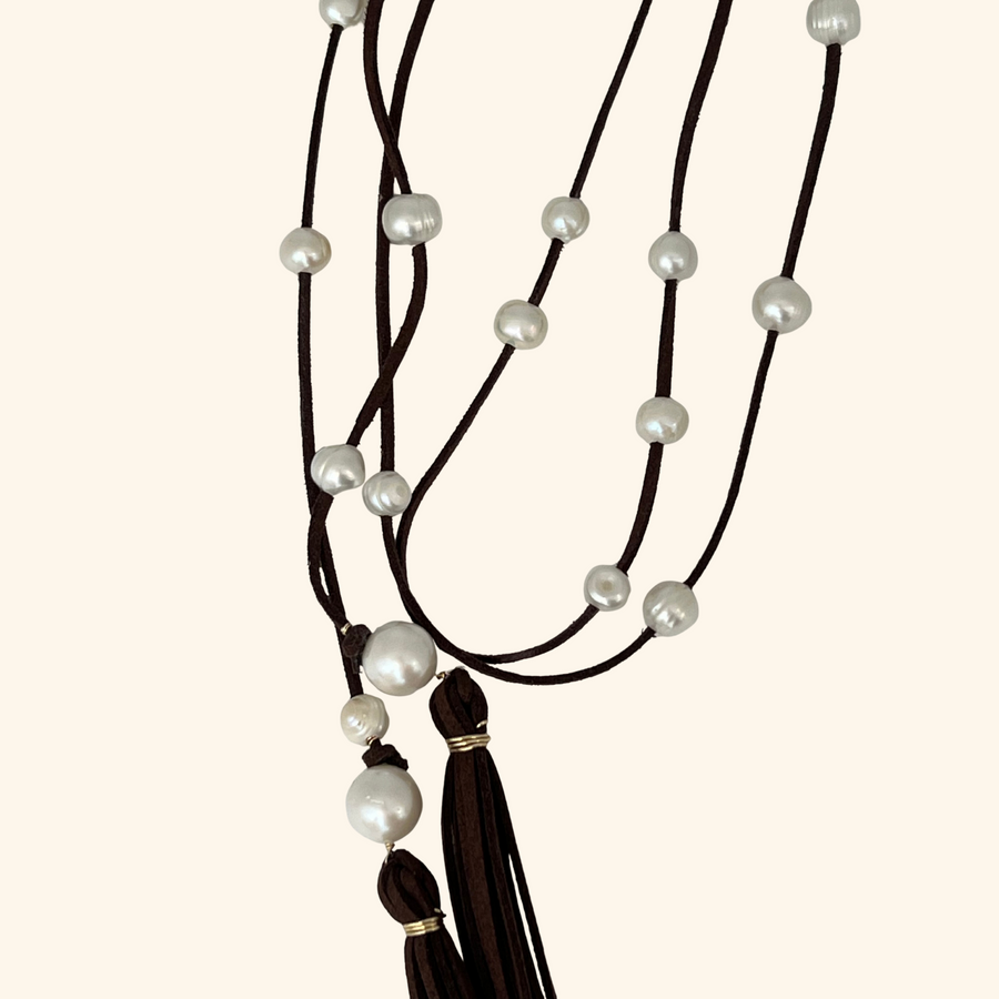 Leather Pearl Tie Necklace
