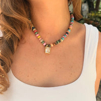 Colorful Stone Beads & Diamond Pendant Beach Beads Necklace