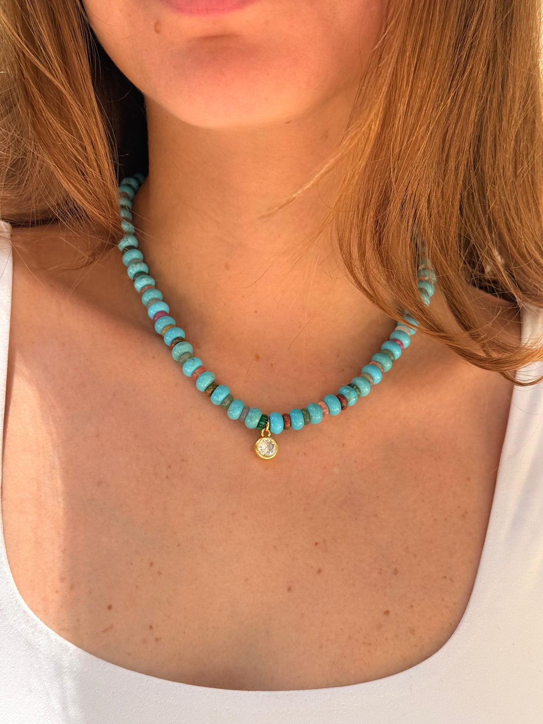 Turquoise & Diamond Pendant Beach Beads Necklace