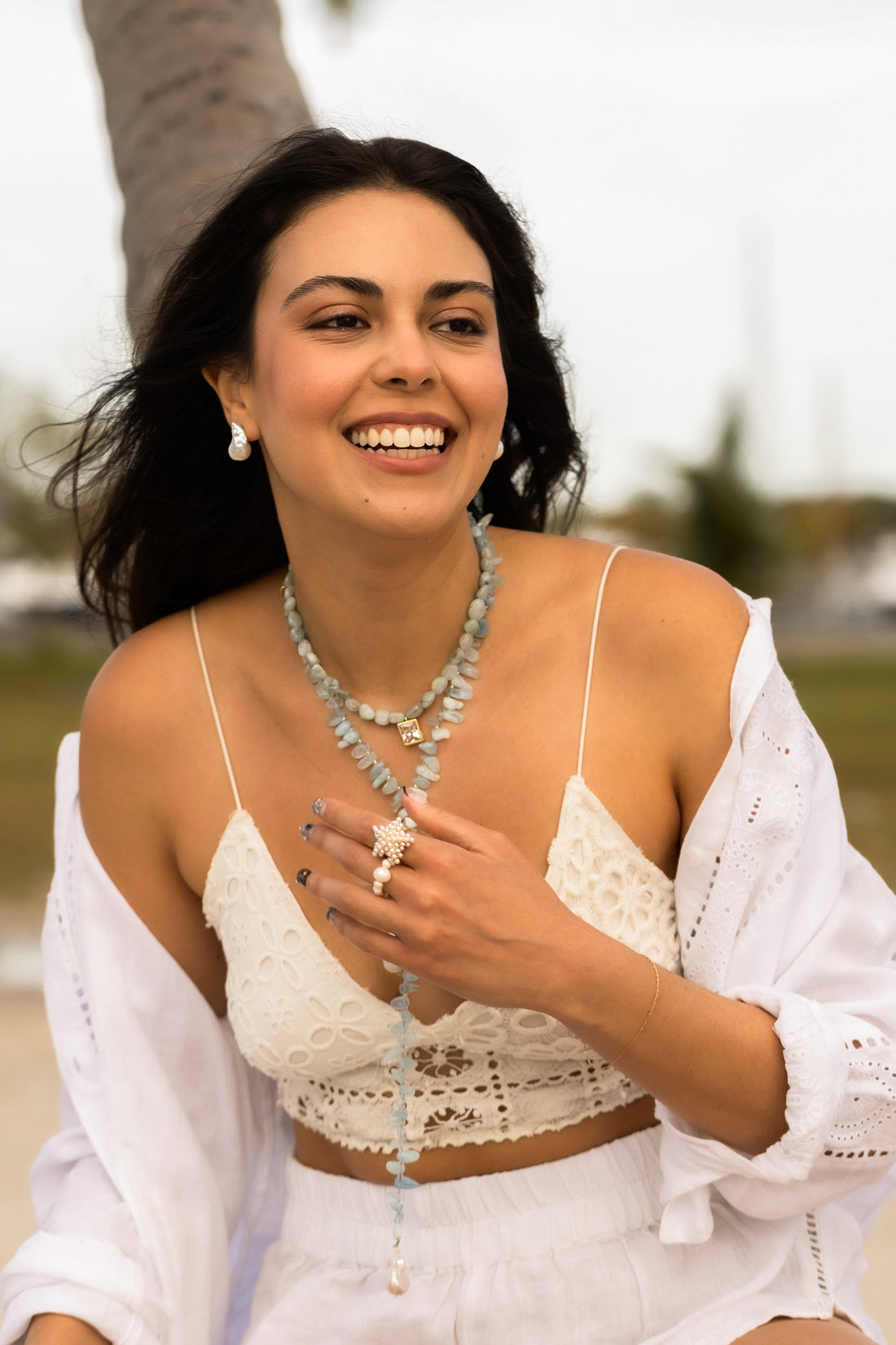 Stone Beads & Diamond Pendant Beach Beads Necklace