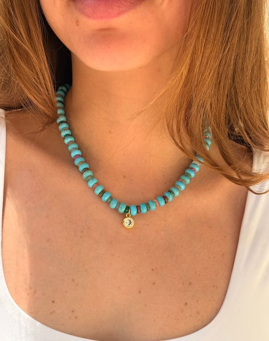 Turquoise & Diamond Pendant Beach Beads Necklace