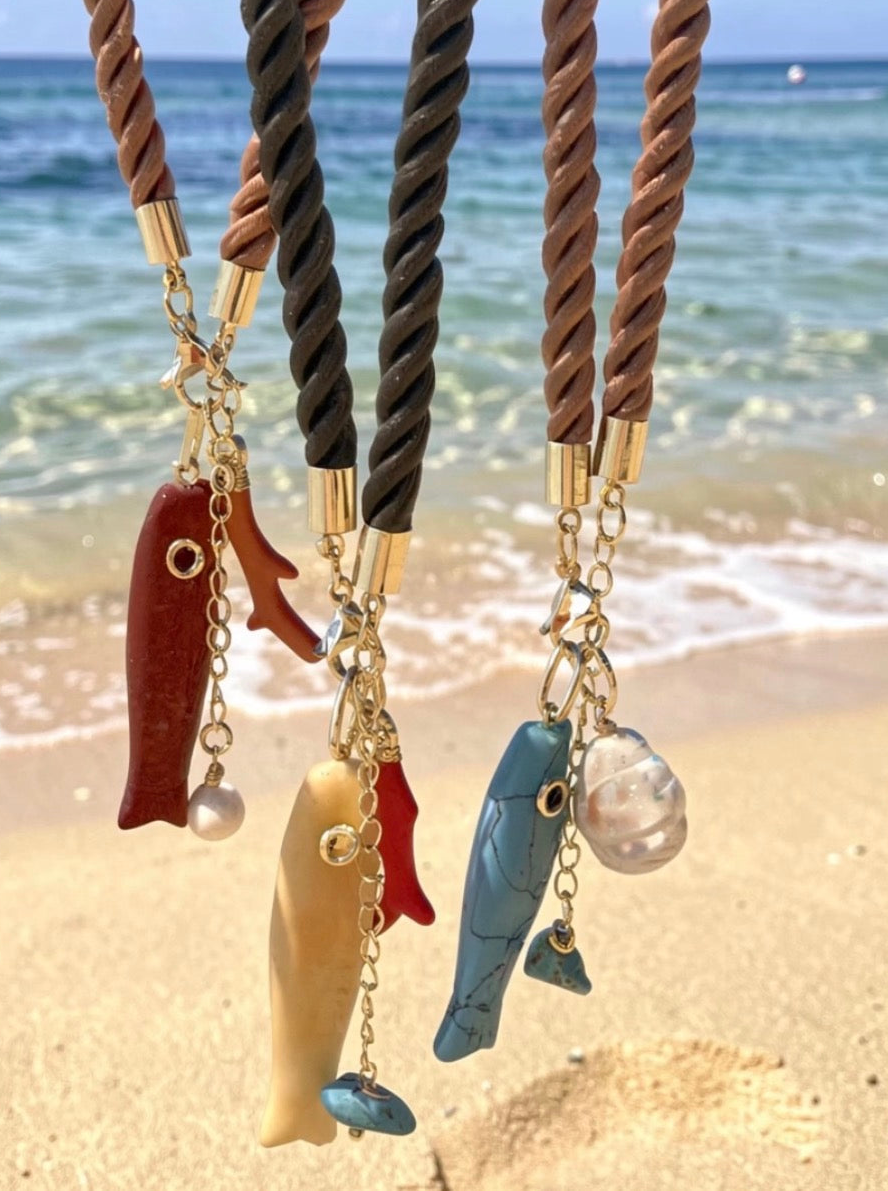 Silk rope, fish charm necklace