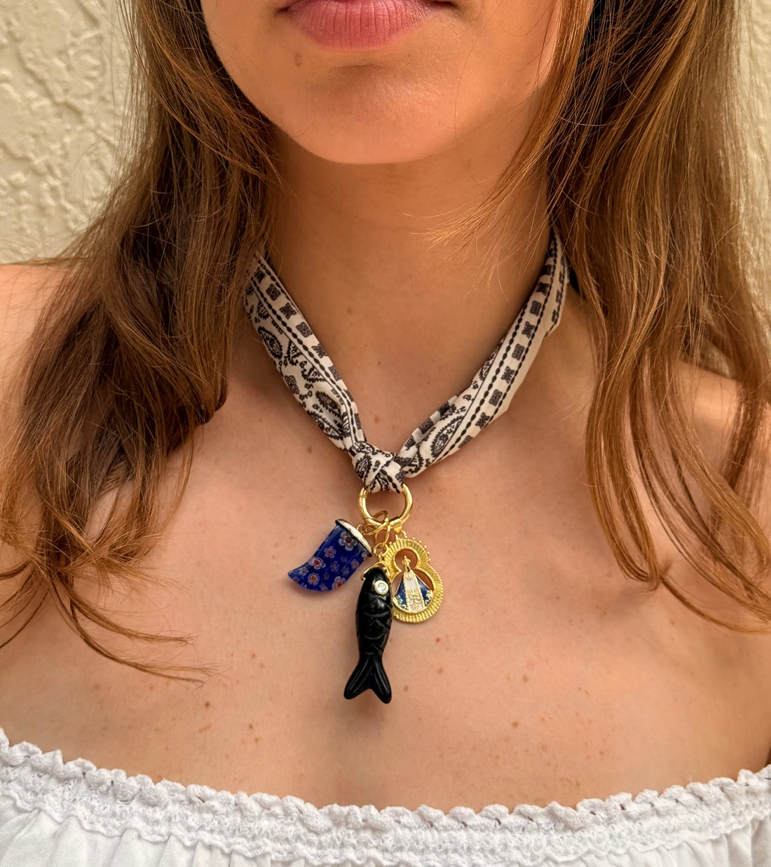 Our Lady of Aparecida Fish and Horn Scarf Necklace