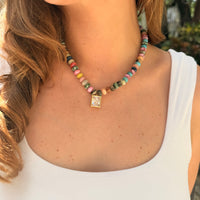 Colorful Stone Beads & Diamond Pendant Beach Beads Necklace