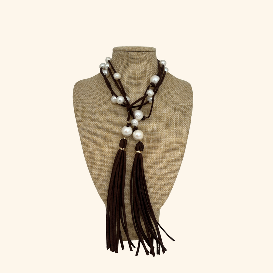 Leather Pearl Tie Necklace