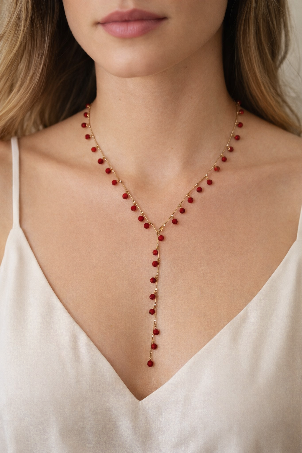 Red Bead Lariat Necklace