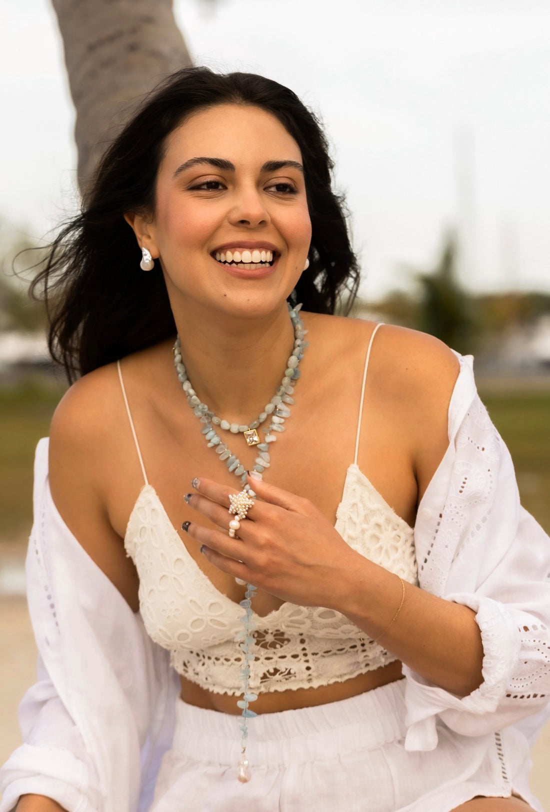 Aquamarine and Pearl lariat
