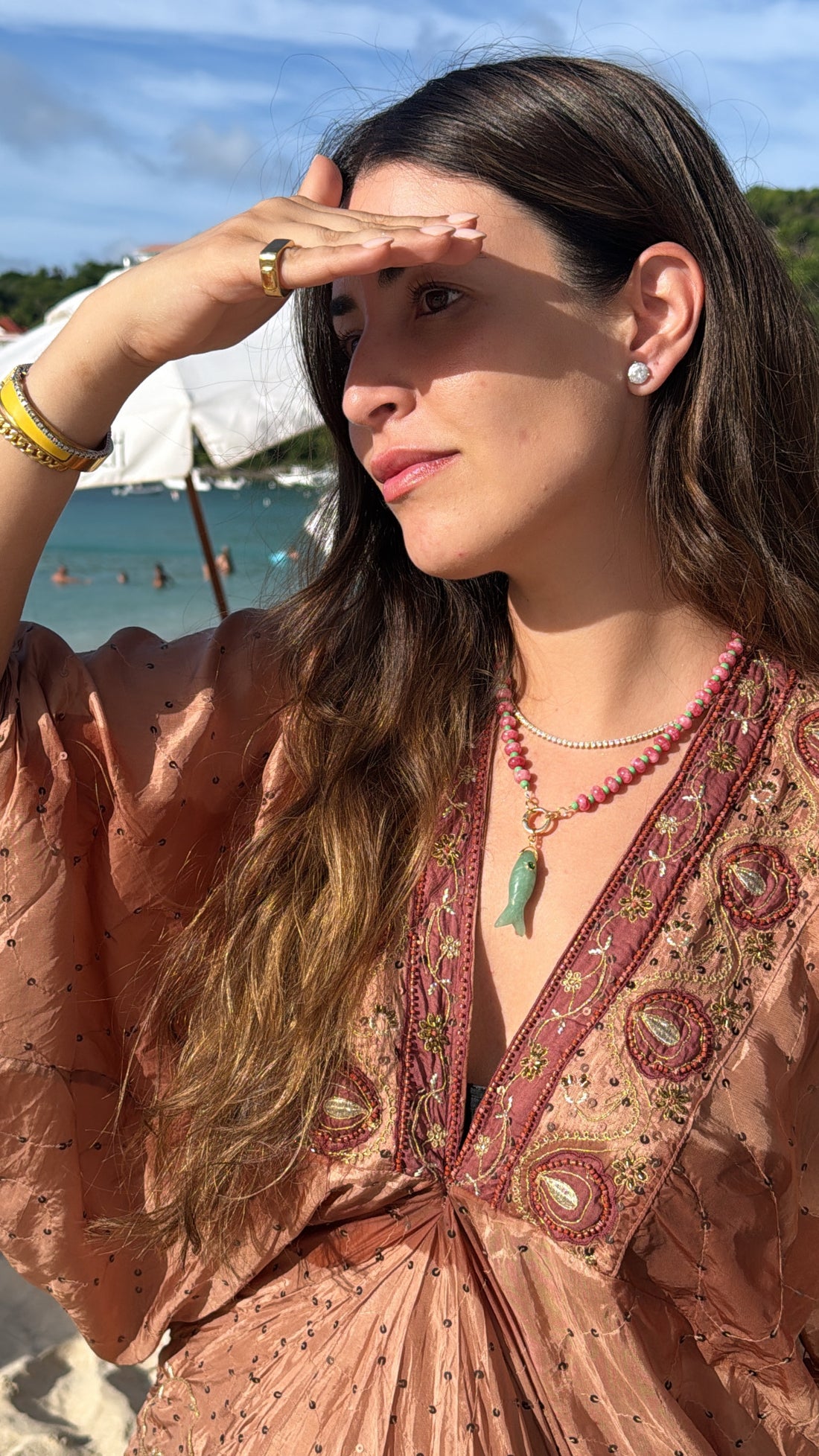Pink and Green Beach Beads Charm Necklace