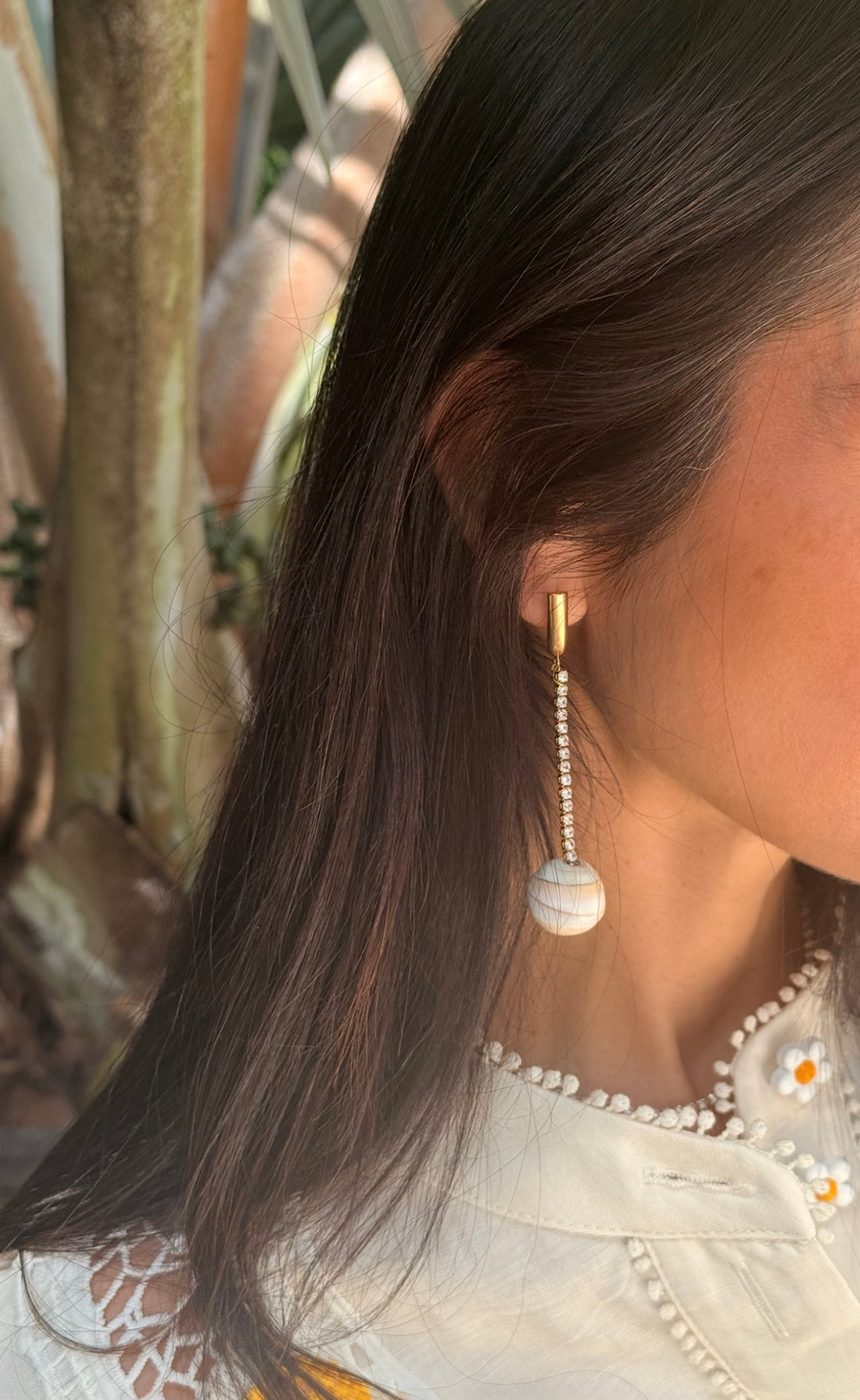 Ying Yang Conch Bead Diamond Drop Earrings