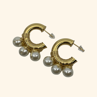 Gold Triple-Pearl Hoop Earrings