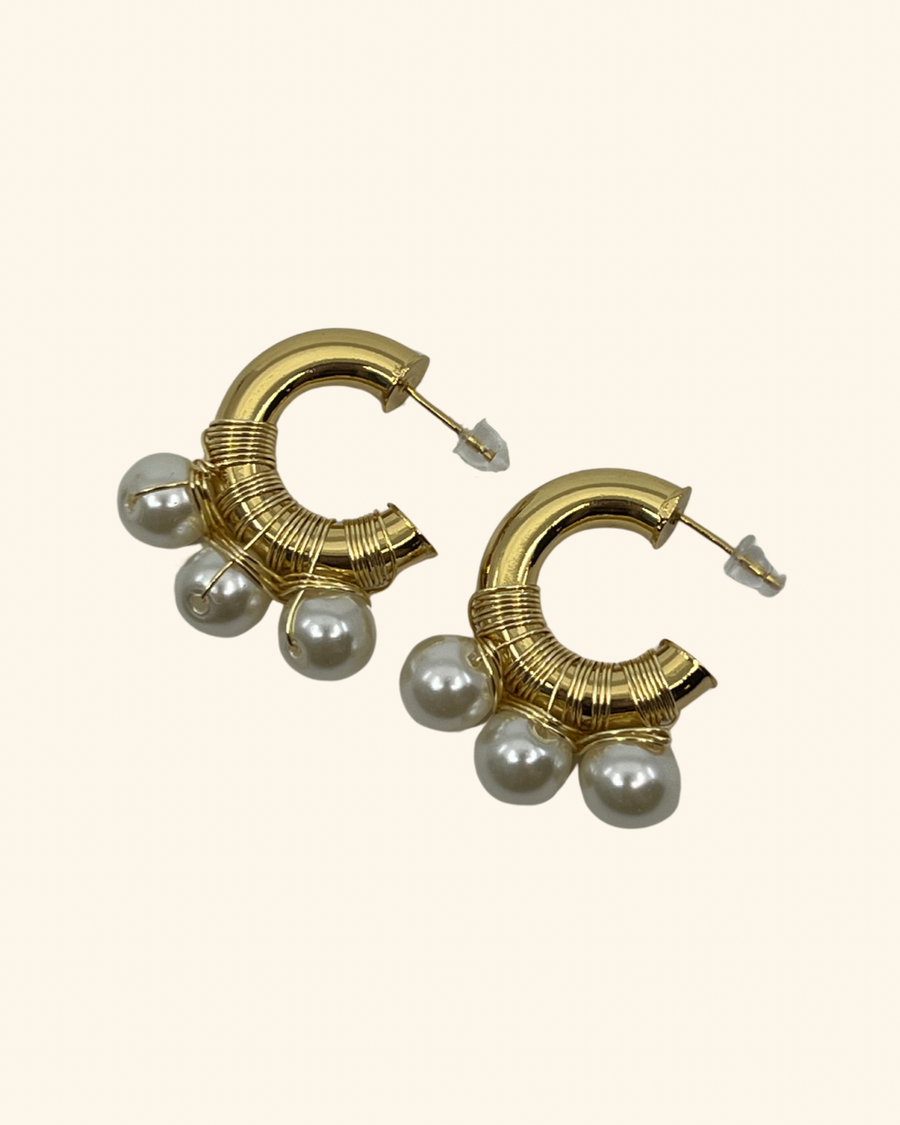 Gold Triple-Pearl Hoop Earrings