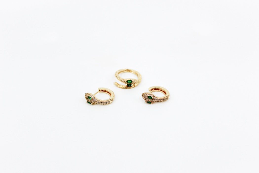 adjustable brazilian gold plated snake design earrings and ring with cz & emerald detail; green and gold earring & ring; diamond detail; emerald detail; diamond and emerald snake earring & ring; snake design earring & ring; diamond jewelry; green jewelry; gold jewelry; miami; miami jewelry; affordable jewelry