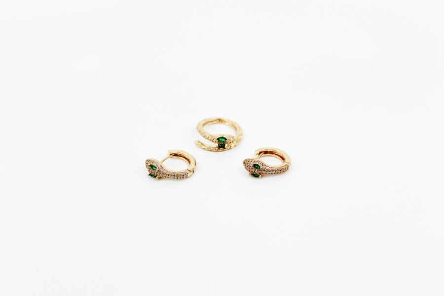 adjustable brazilian gold plated snake design earrings and ring with cz & emerald detail; green and gold earring & ring; diamond detail; emerald detail; diamond and emerald snake earring & ring; snake design earring & ring; diamond jewelry; green jewelry; gold jewelry; miami; miami jewelry; affordable jewelry