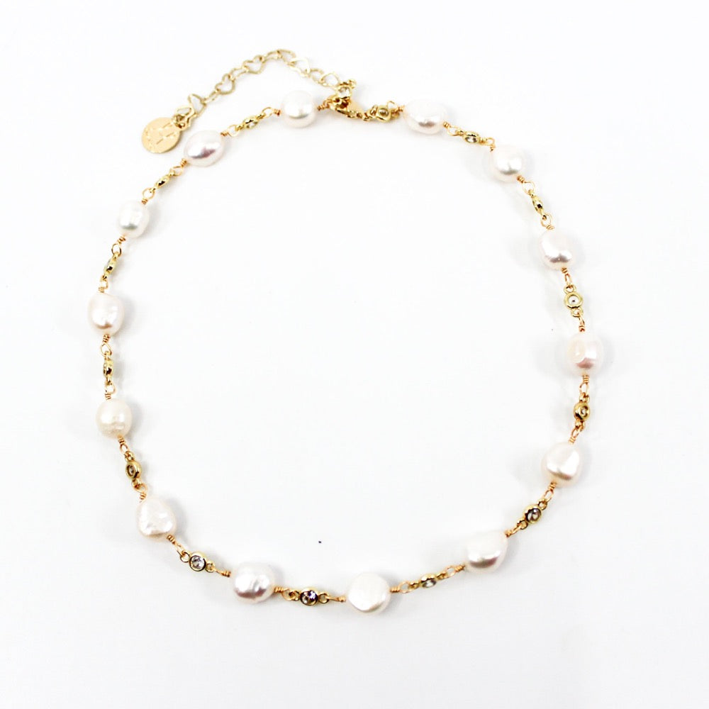 Pearl and Bling Necklace (15-17 inches in length); bling jewelry; gold; diamond; pearl; handmade jewelry; Miami jewelry; affordable jewelry; summer jewelry; fall jewelry; winter jewelry; fashionable jewelry; adjustable gold plated necklace with pearl and cz detail